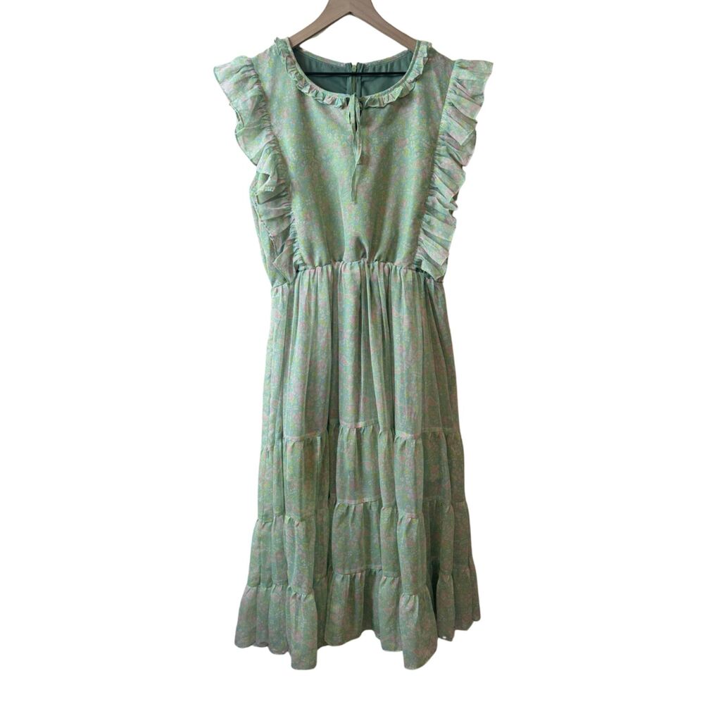 Green Floral Boho Ruffle Tiered Sleeveless Maxi Dress Size 10 Graduation
